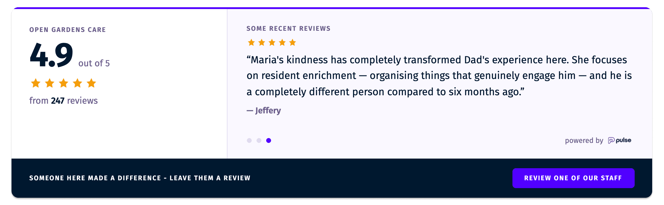 A Pulse review widget embedded on a care provider's website, showing an overall star rating, a recent family review and a call to review a named member of staff